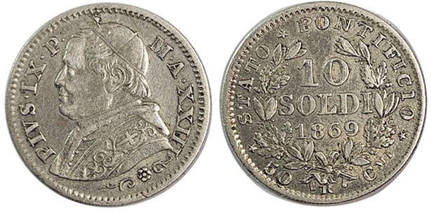 Pius IX 1869 10 Soldi Variety II